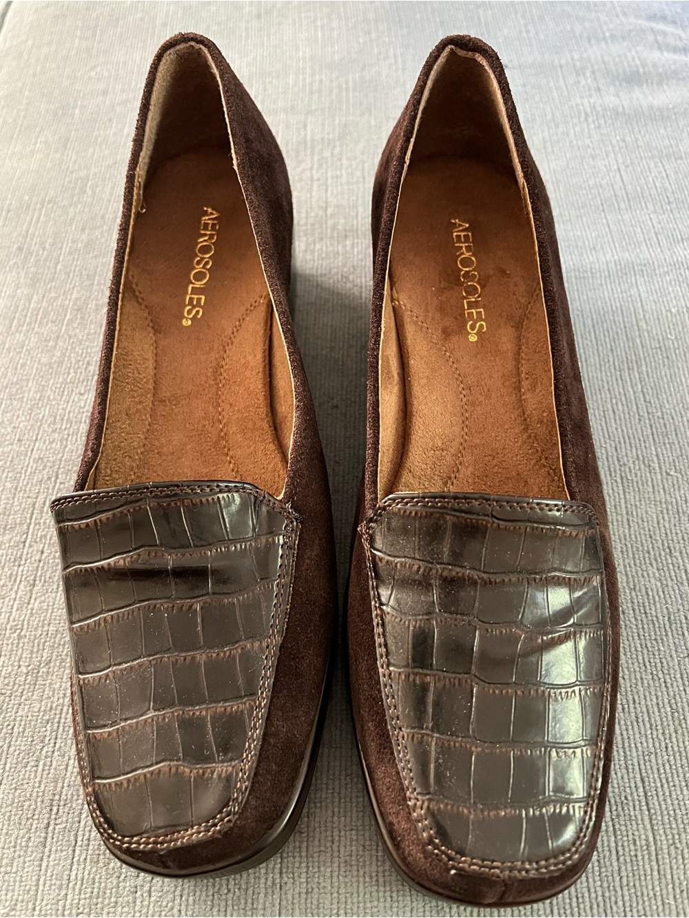 AEROSOLES Dark Brown Suede Loafers with Croc-Embossed Vamp